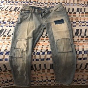 Bulldog, slim fit boyfriend jeans, patchwork denim, size 28